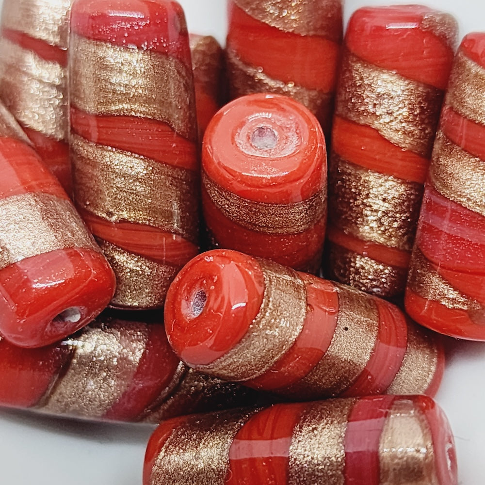 23x10mm Tube (10) - Red Opaque w. Aventurine - Vintage Handmade Glass Lampwork Beads