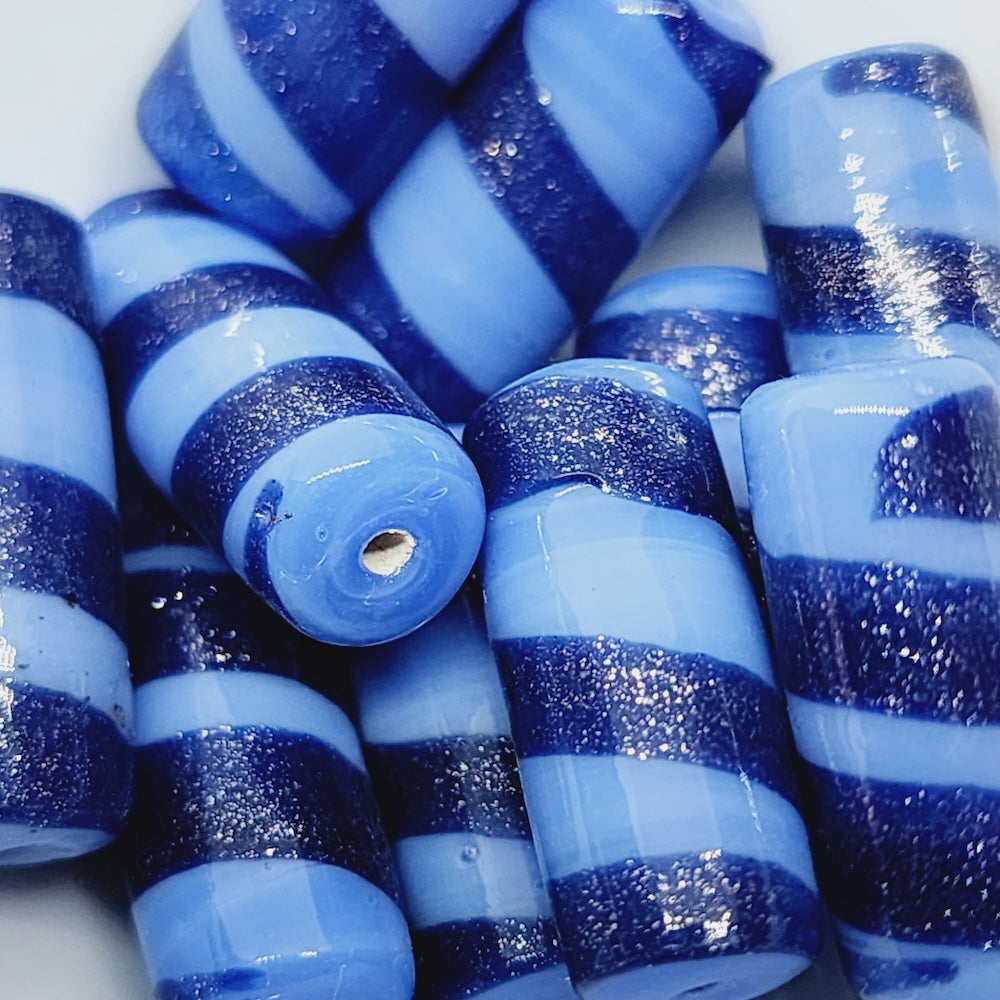 23x10mm Tube (10) - Light Blue Opaque w. Aventurine on Dark Blue - Vintage Handmade Glass Lampwork Beads