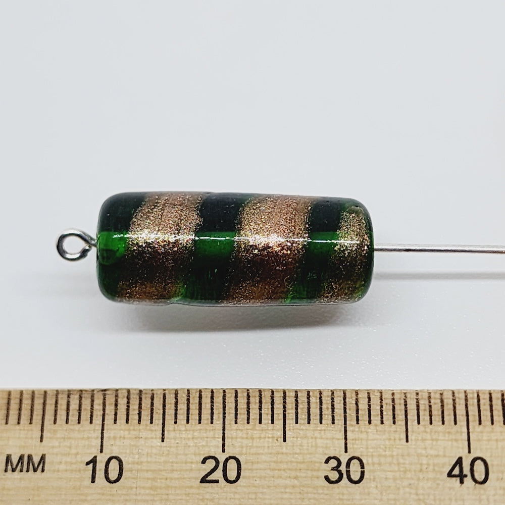 23x10mm Tube (10) - Green Transparent w. Aventurine - Vintage Handmade Glass Lampwork Beads