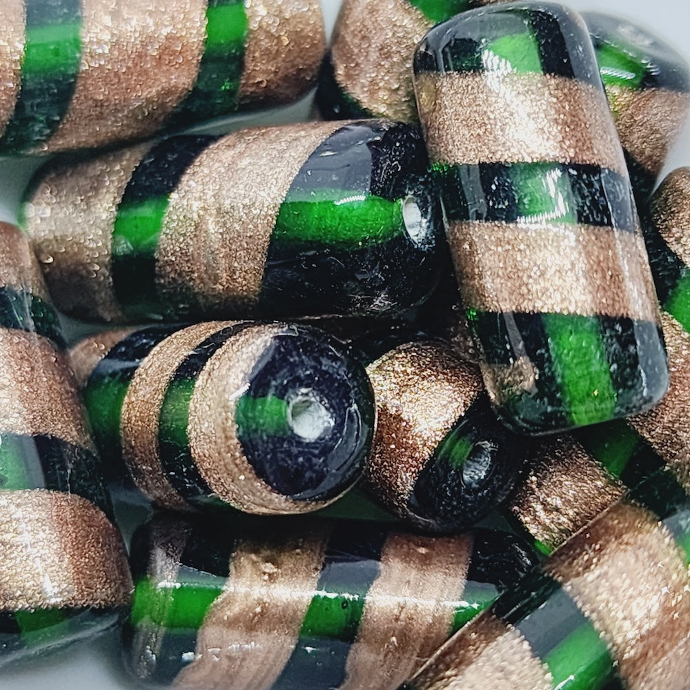 23x10mm Tube (10) - Green Transparent w. Aventurine - Vintage Handmade Glass Lampwork Beads