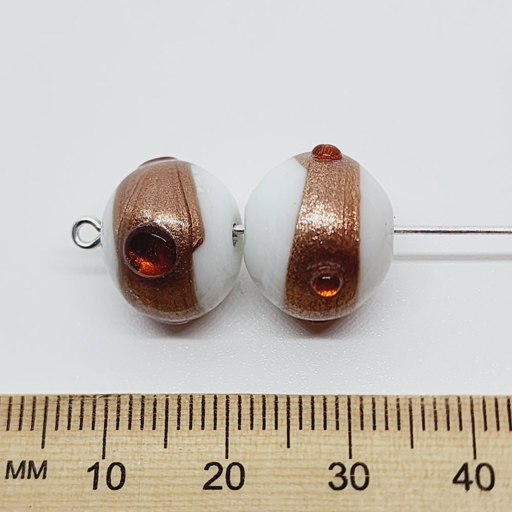 14mm Round (10) - Opaque White w. Aventurine & Orange - Glass Vintage Replica Trade Beads