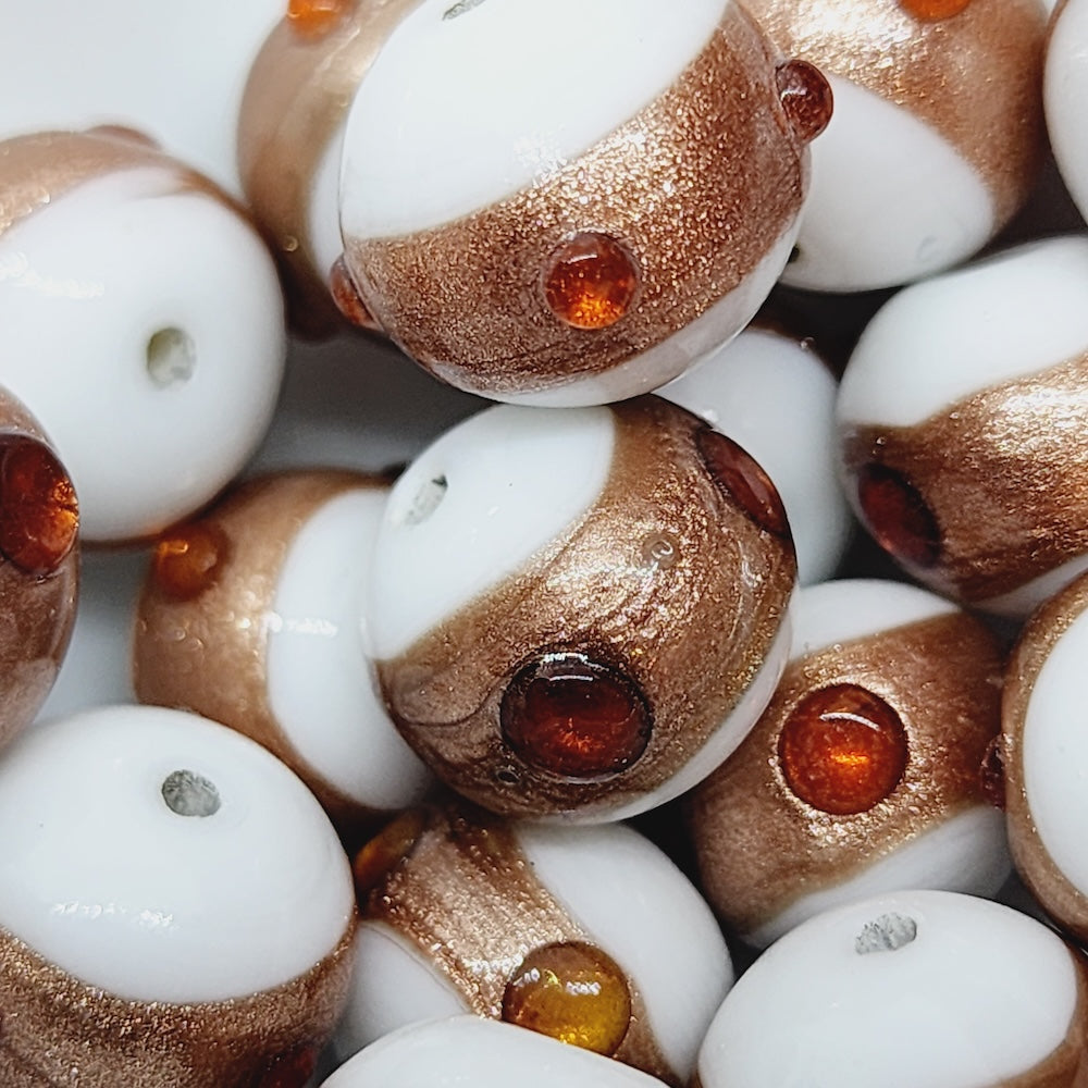 14mm Round (10) - Opaque White w. Aventurine & Orange - Glass Vintage Replica Trade Beads