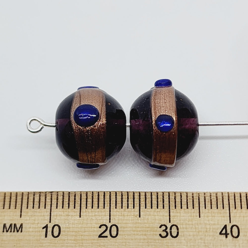 14mm Round (10) - Transparent Purple w. Aventurine & Blue - Glass Vintage Replica Trade Beads