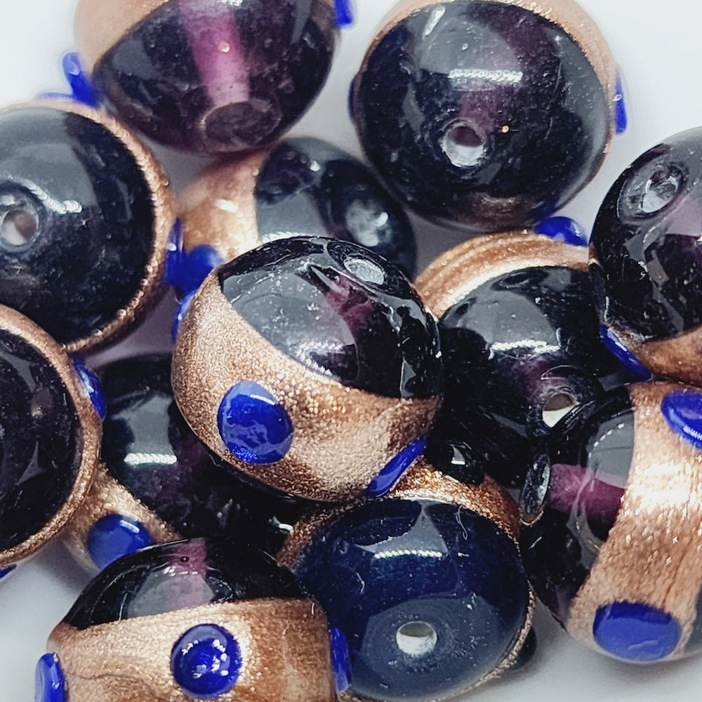 14mm Round (10) - Transparent Purple w. Aventurine & Blue - Glass Vintage Replica Trade Beads