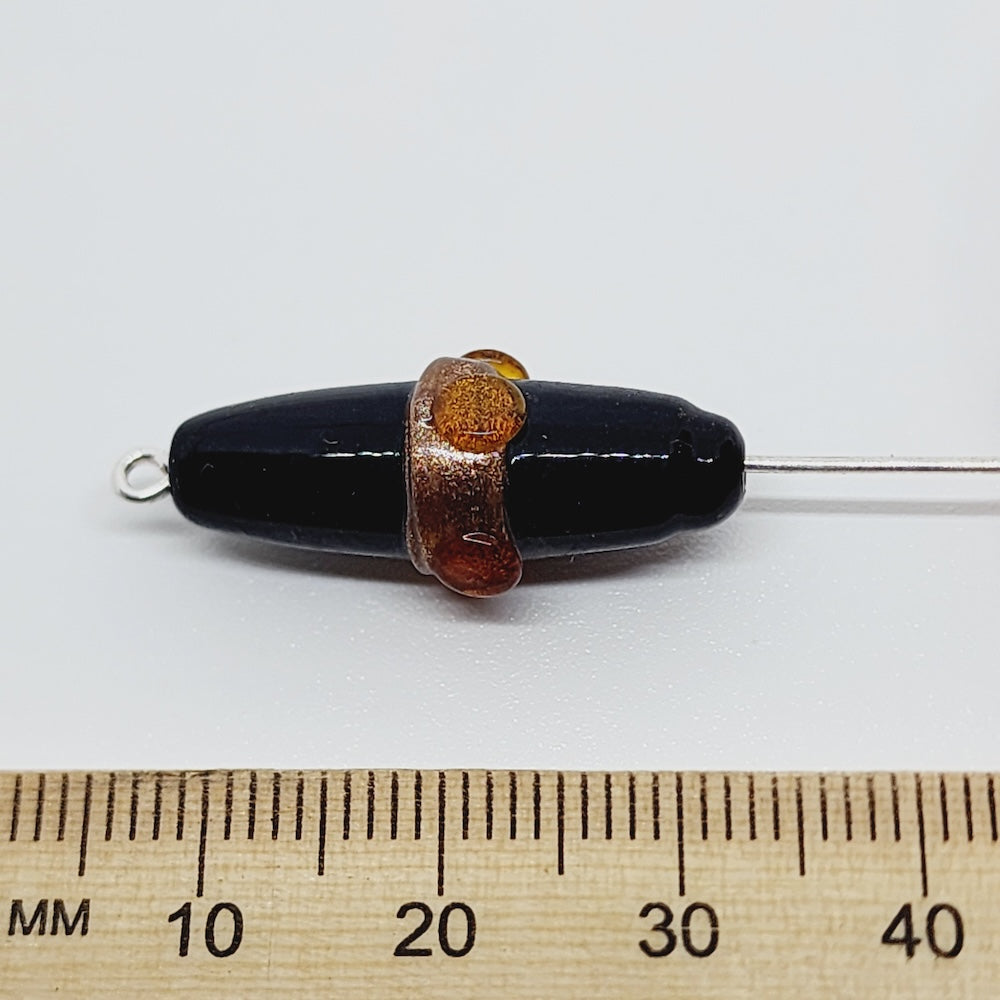 23x8mm Rice (10) - Opaque Black w. Aventurine - Vintage Indian Lampwork Beads - Bead Shack