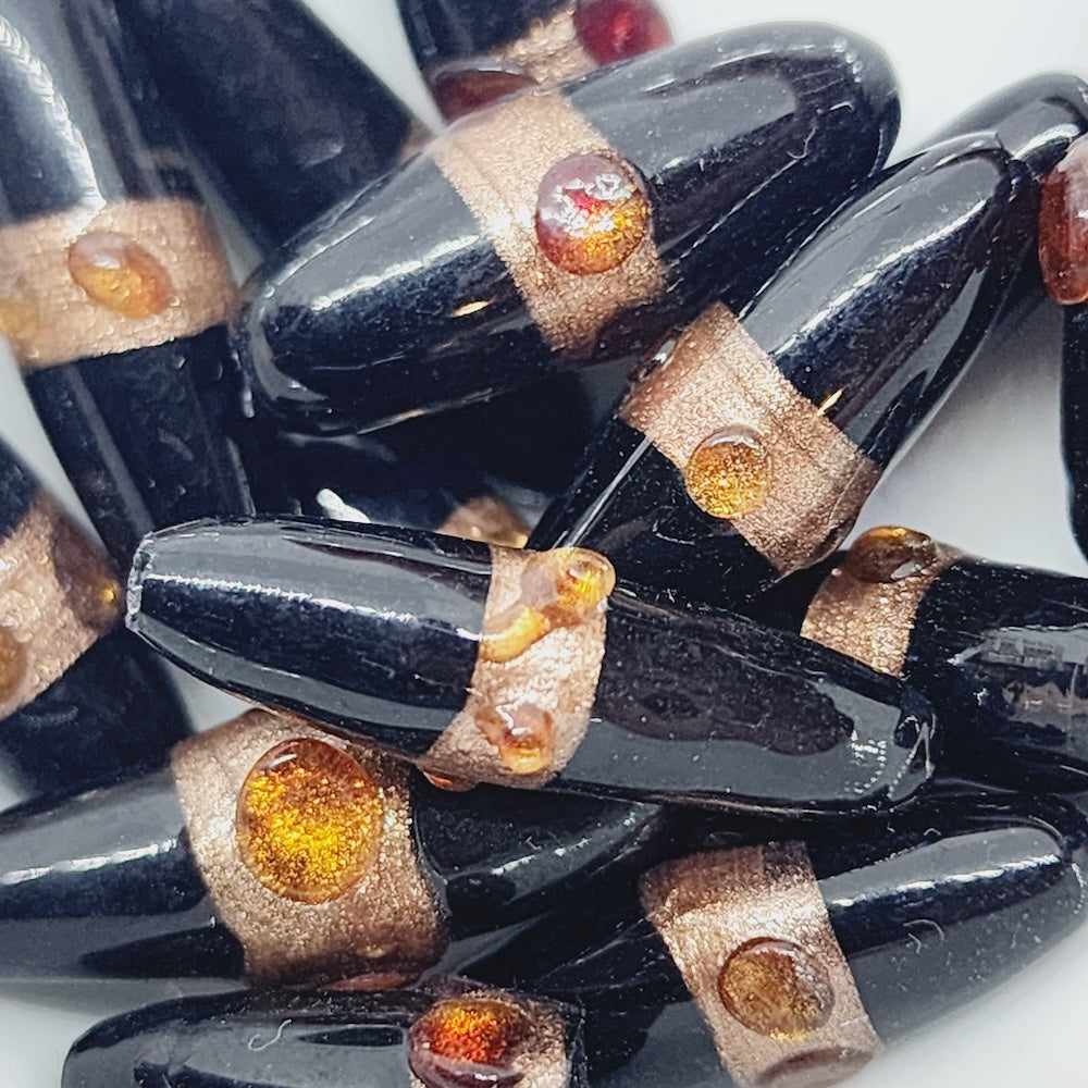 23x8mm Rice (10) - Opaque Black w. Aventurine - Vintage Indian Lampwork Beads - Bead Shack