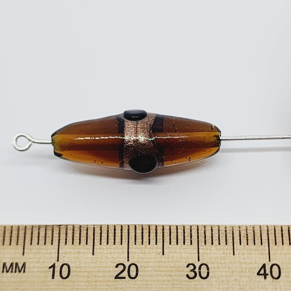 23x8mm Rice (10) - Transparent Brown w. Aventurine - Vintage Indian Lampwork Beads