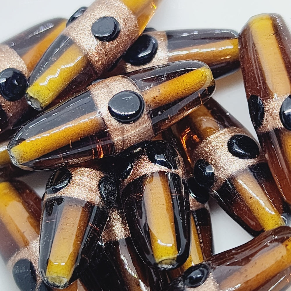 23x8mm Rice (10) - Transparent Brown w. Aventurine - Vintage Indian Lampwork Beads