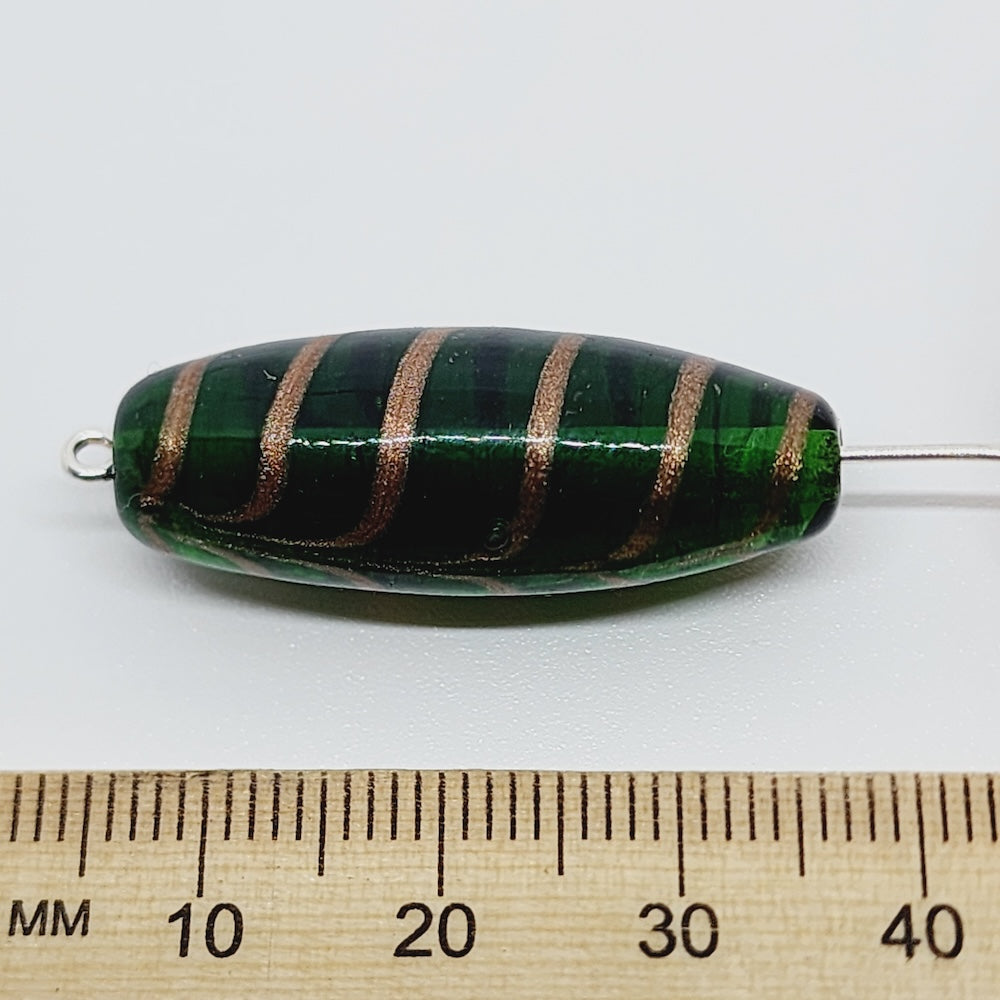 25x10mm Oval (5) - Green Transparent w. Aventurine - Glass Vintage Replica Trade Beads