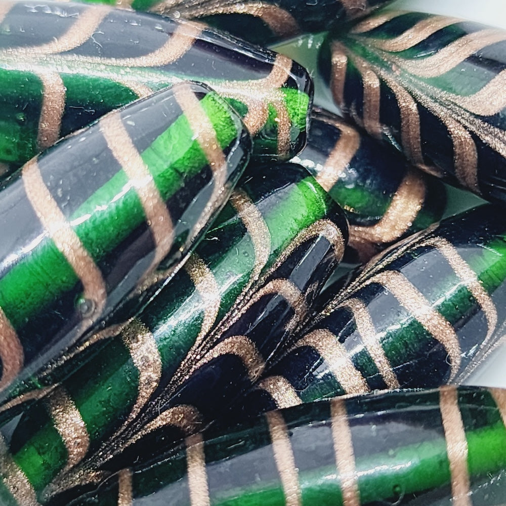 25x10mm Oval (5) - Green Transparent w. Aventurine - Glass Vintage Replica Trade Beads