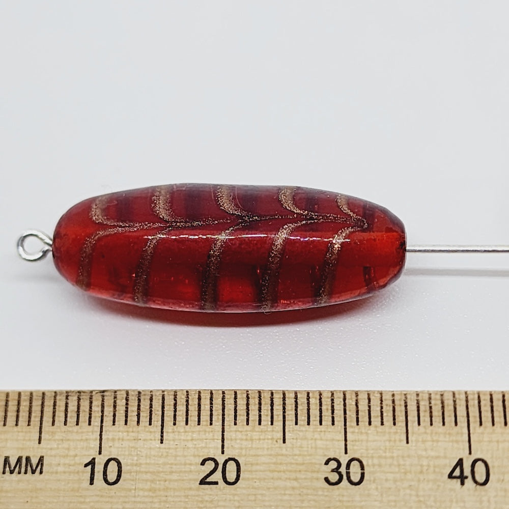 25x10mm Oval (5) - Red Transparent w. Aventurine - Glass Vintage Replica Trade Beads
