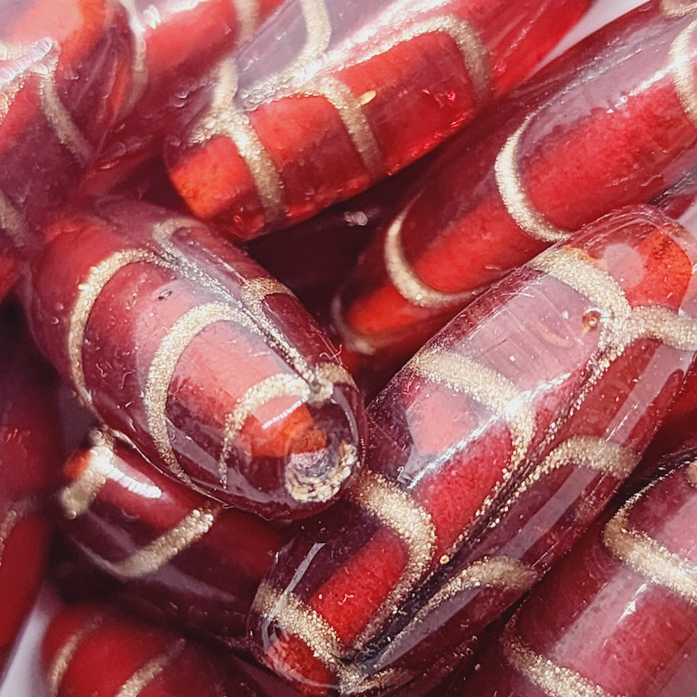 25x10mm Oval (5) - Red Transparent w. Aventurine - Glass Vintage Replica Trade Beads