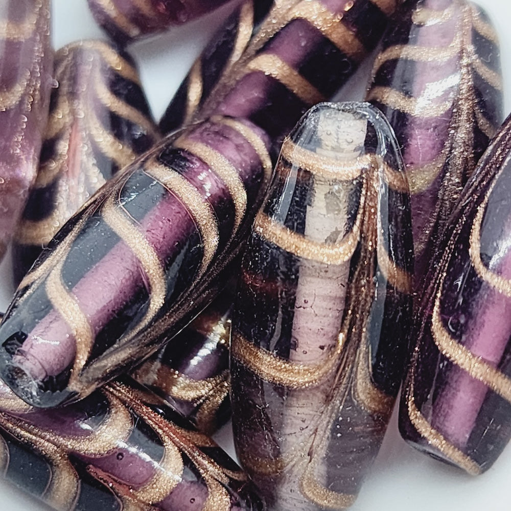 25x10mm Oval (5) - Purple Transparent w. Aventurine - Glass Vintage Replica Trade Beads