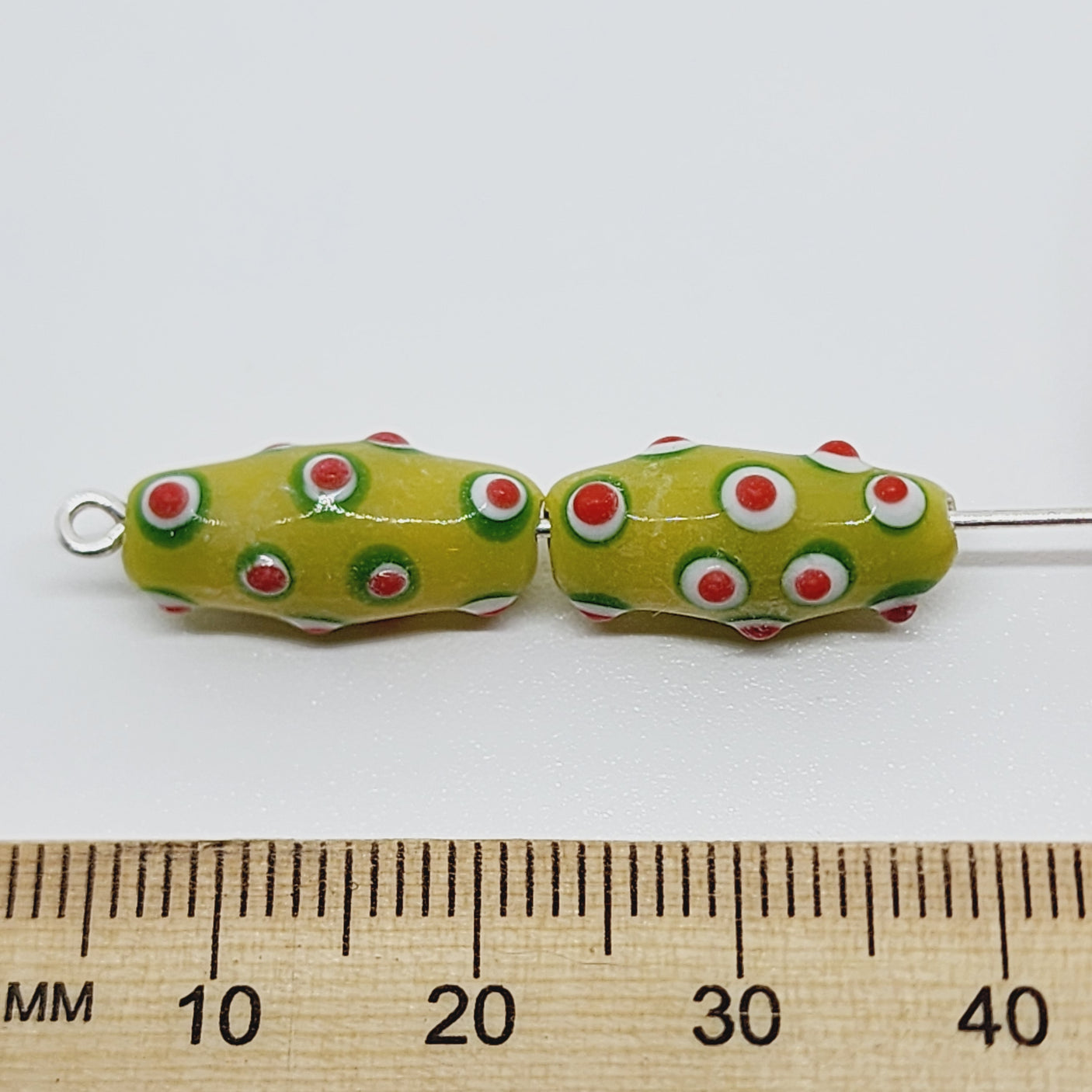 Eye Bicone Bead (10) - Lime w. Green, Red & White - Vintage Handmade Glass Lampwork Beads - Bead Shack
