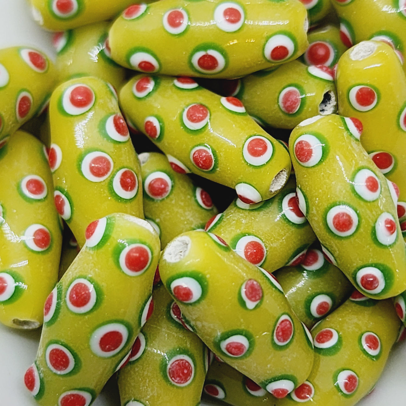 Eye Bicone Bead (10) - Lime w. Green, Red & White - Vintage Handmade Glass Lampwork Beads - Bead Shack