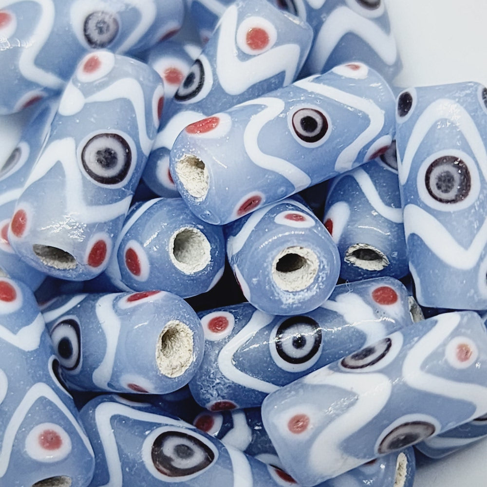 25mm Tube Eye Bead (5) - Pale Blue - Vintage Handmade Glass Lampwork Beads