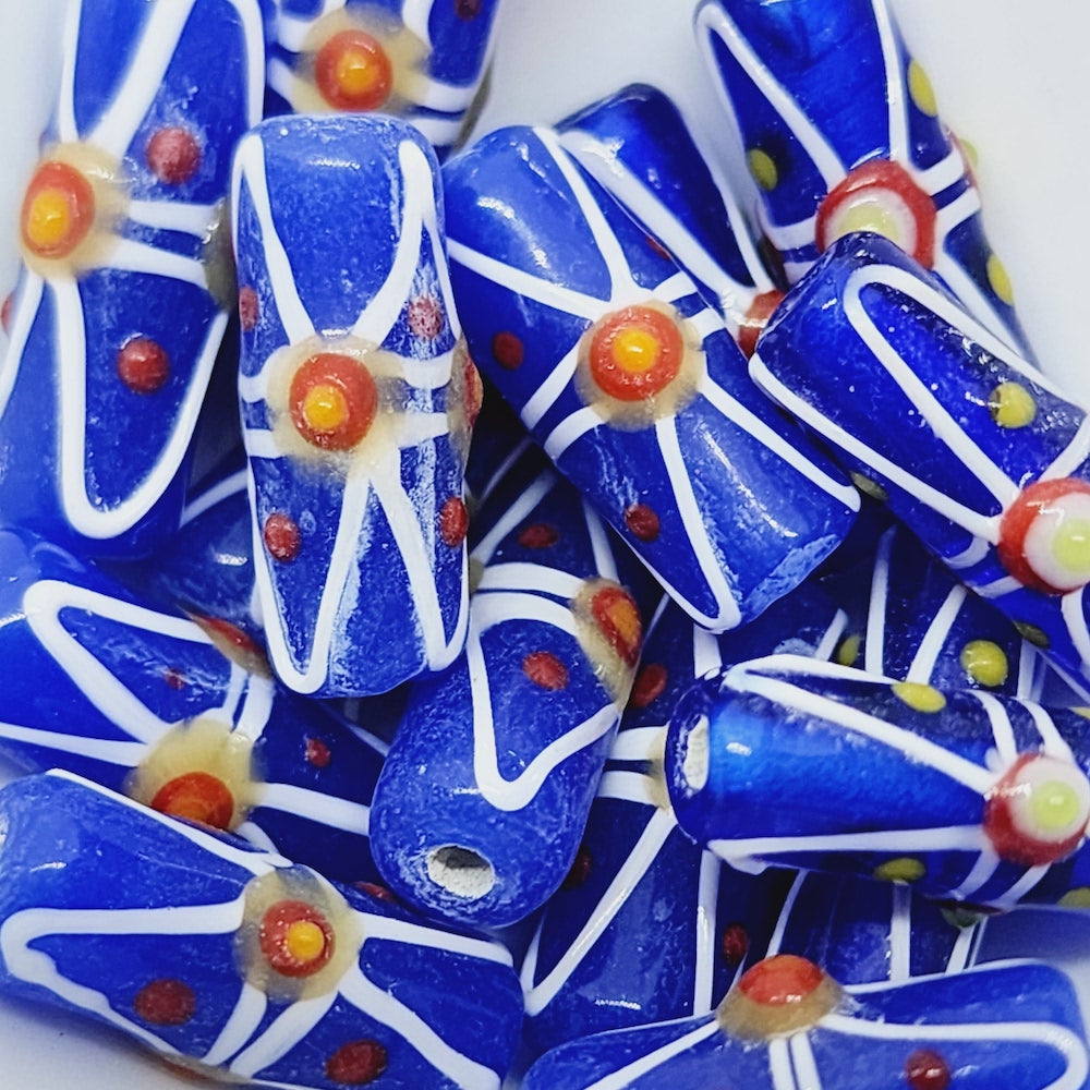 Eye Tube Bead (10) - Dark Blue Transparent - Vintage Handmade Glass Lampwork Beads