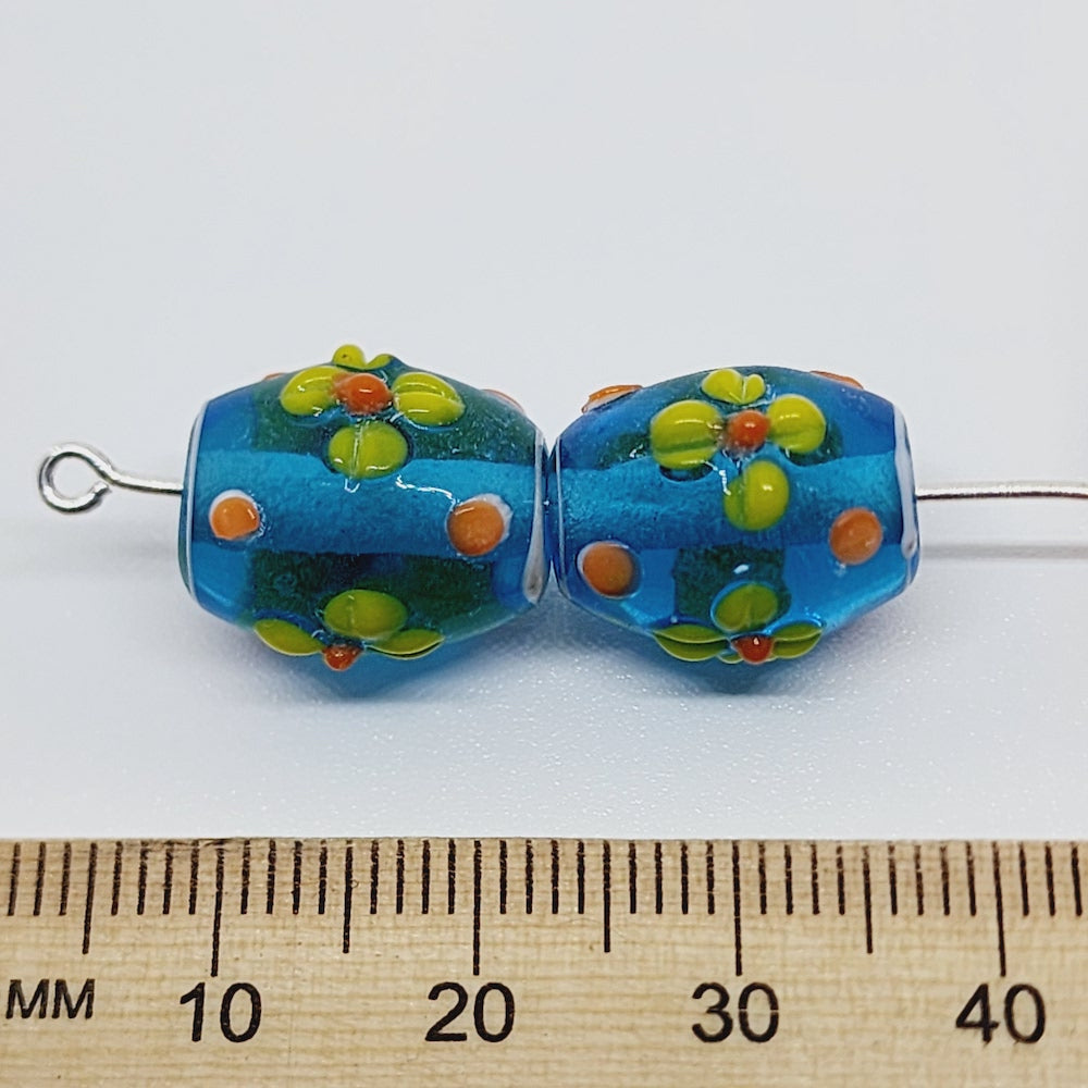 Floral Barrel Bead (10) - Transparent Aqua - Vintage Handmade Glass Lampwork Beads