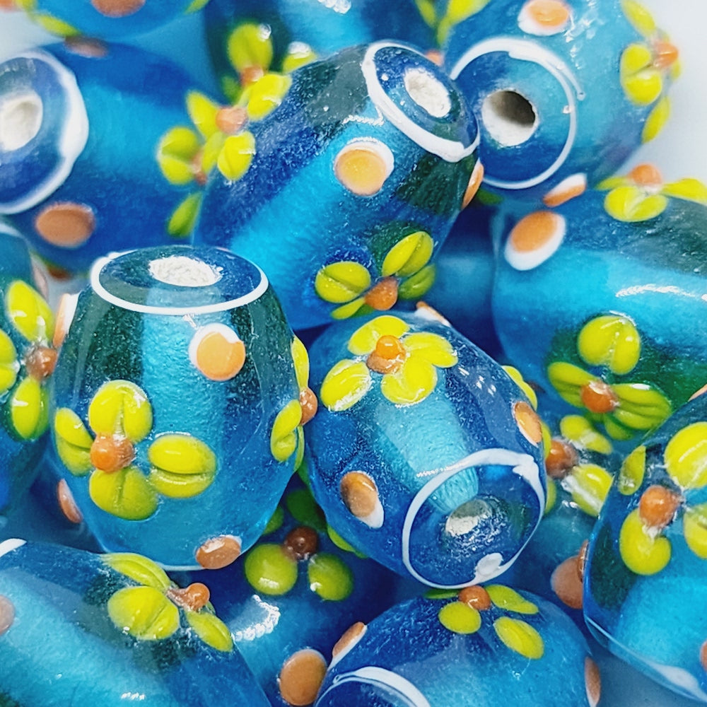 Floral Barrel Bead (10) - Transparent Aqua - Vintage Handmade Glass Lampwork Beads