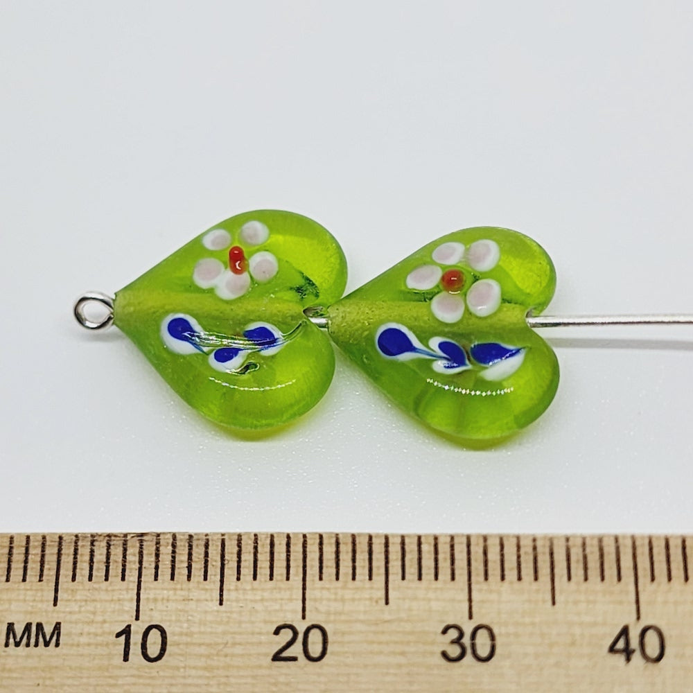 Floral Heart Bead (5) - Green - Vintage Handmade Glass Lampwork Beads