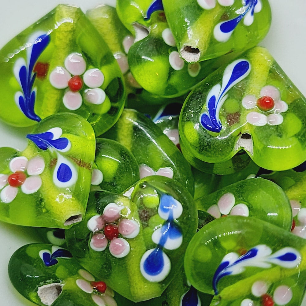 Floral Heart Bead (5) - Green - Vintage Handmade Glass Lampwork Beads