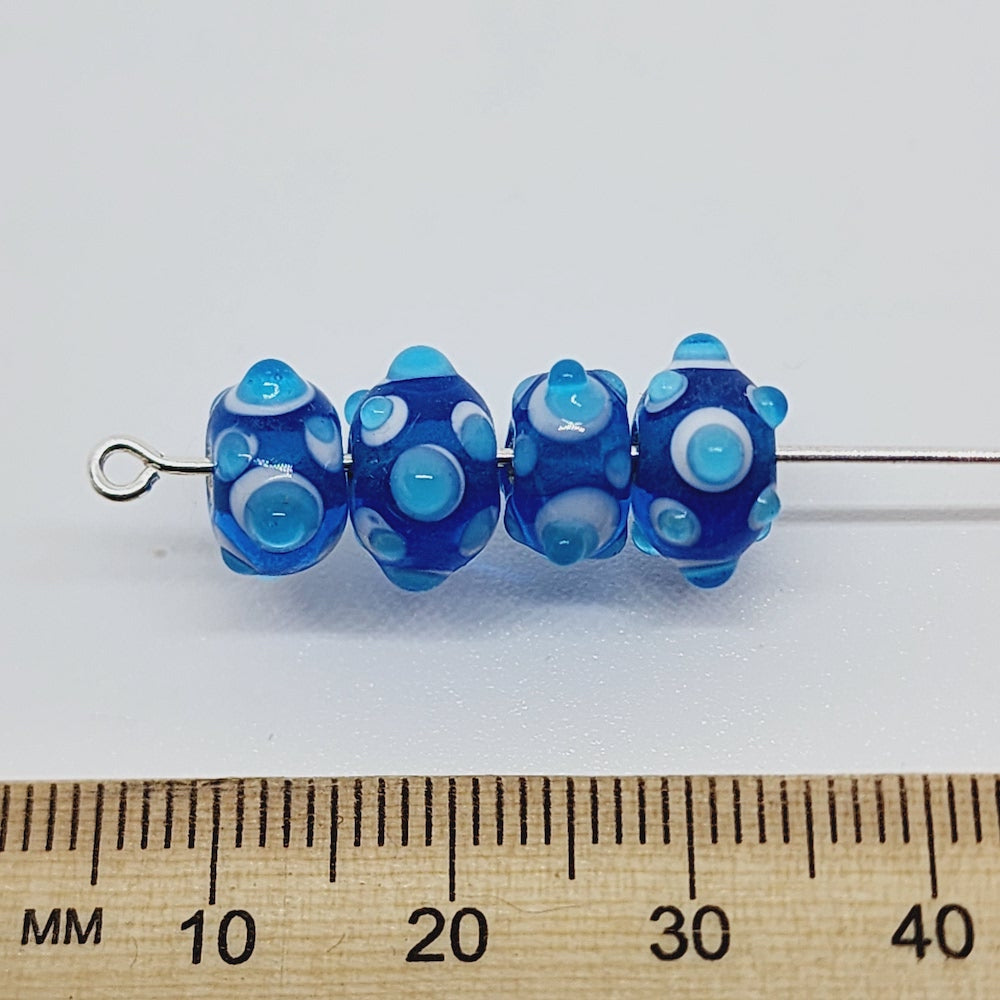 Spike Bead (5) - Blue Transparent w. White & Light Blue - Vintage Handmade Glass Lampwork Beads