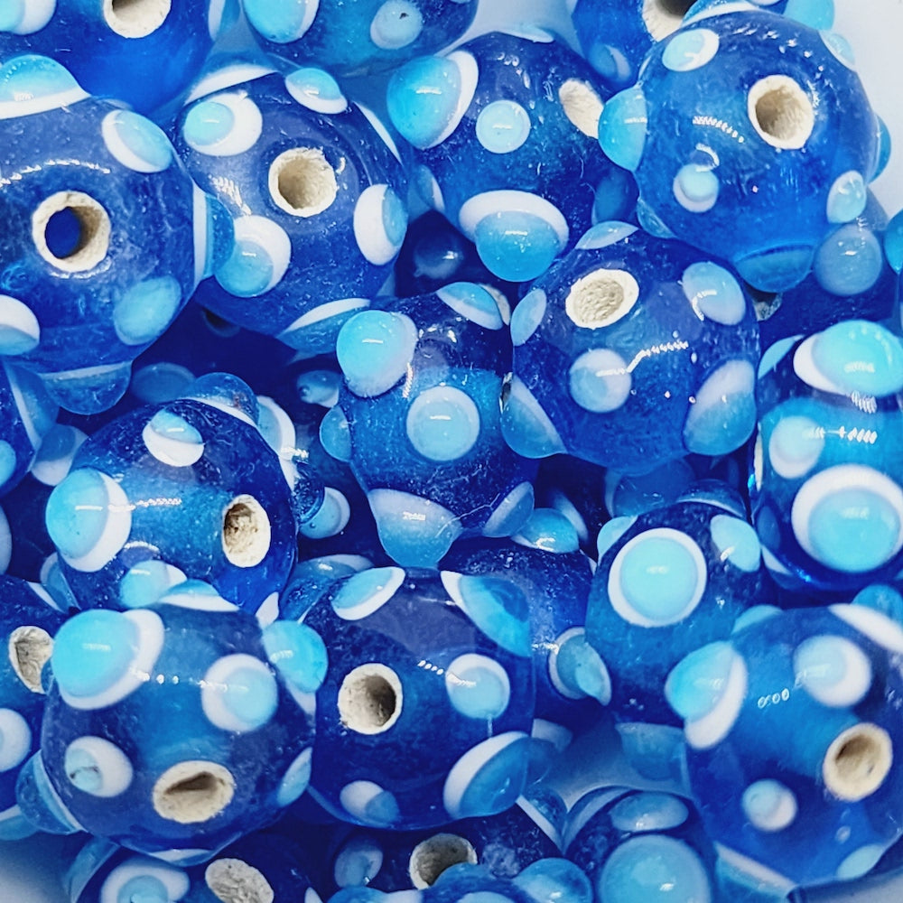 Spike Bead (5) - Blue Transparent w. White & Light Blue - Vintage Handmade Glass Lampwork Beads