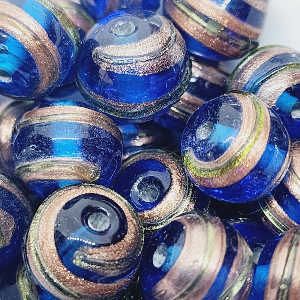 12mm Round (5) - Transparent Capri Blue w. Aventurine - Vintage Indian Lampwork Beads