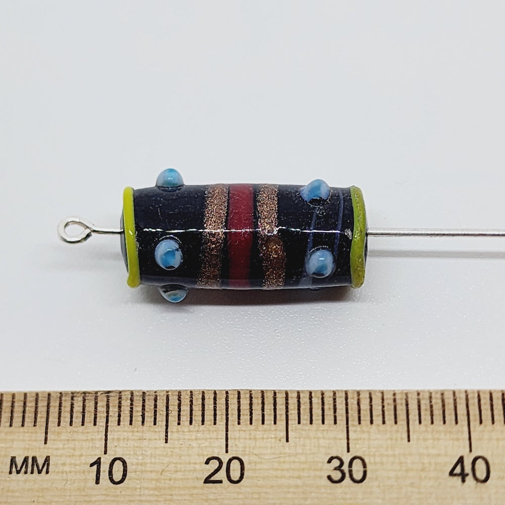 23x10mm Tube (5) - Black Opaque w. Aventurine - Vintage Indian Lampwork Beads