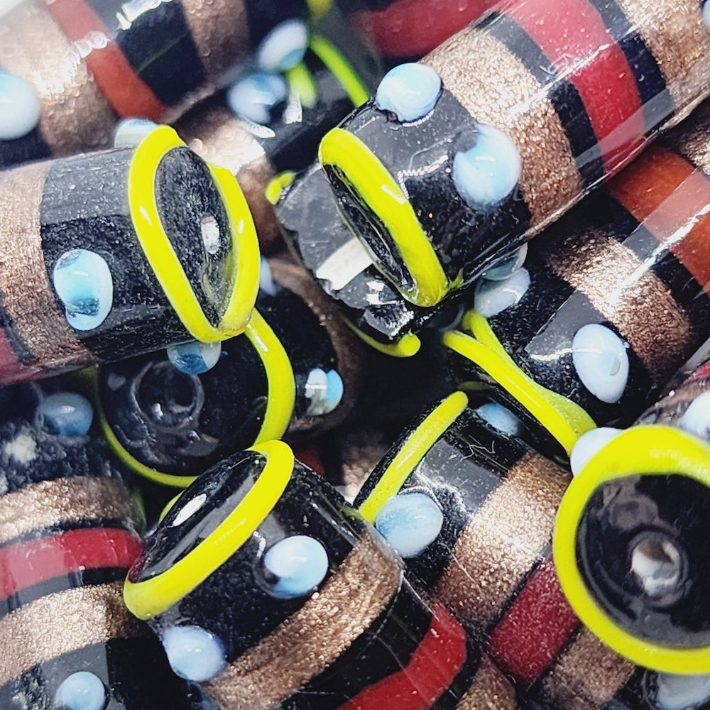 23x10mm Tube (5) - Black Opaque w. Aventurine - Vintage Indian Lampwork Beads