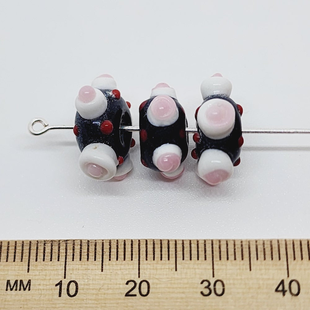 Spike Bead (5) - Black Opaque w. Red White & Pink - Vintage Handmade Glass Lampwork Beads