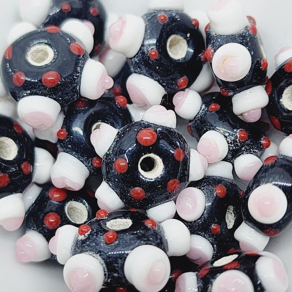 Spike Bead (5) - Black Opaque w. Red White & Pink - Vintage Handmade Glass Lampwork Beads