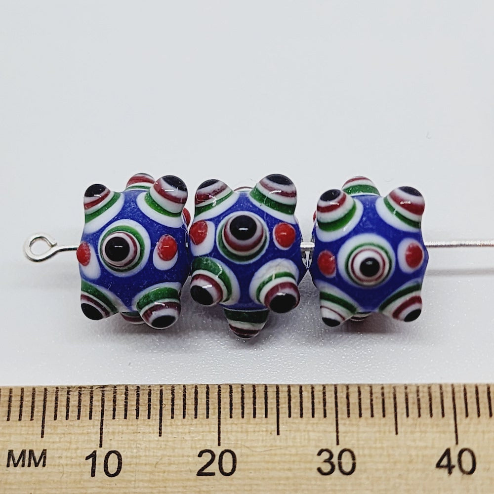 Spike Bead (5) - Dark Blue Opaque w. Red Black Green & White - Vintage Handmade Glass Lampwork Beads