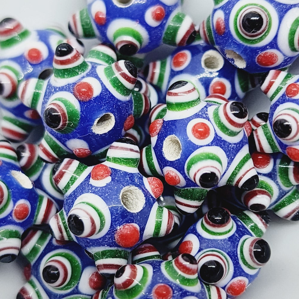 Spike Bead (5) - Dark Blue Opaque w. Red Black Green & White - Vintage Handmade Glass Lampwork Beads