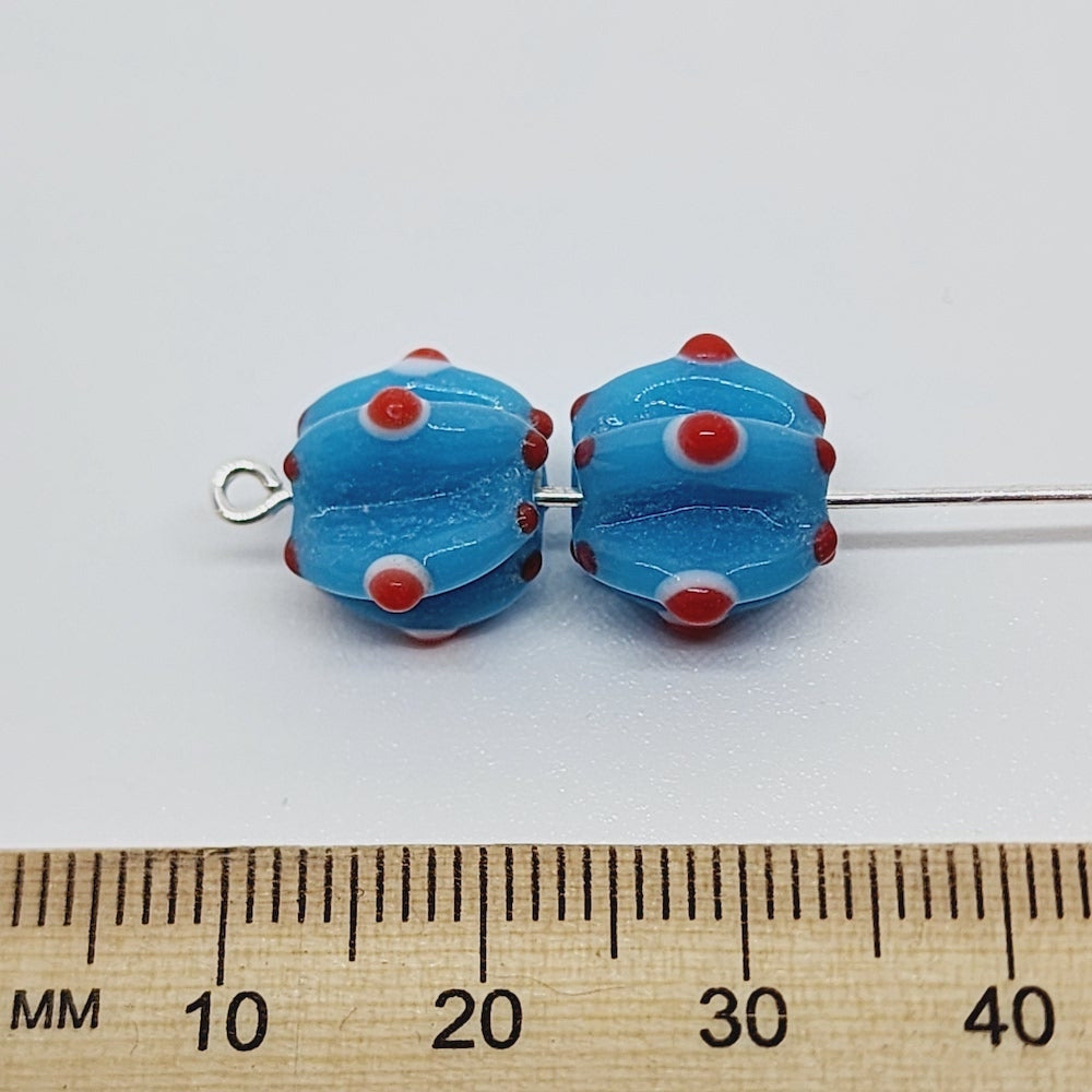10mm Melon Bead (10) - Turquoise Blue Opaque - Vintage Handmade Glass Lampwork Beads