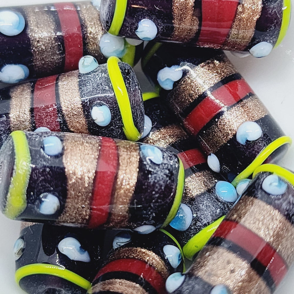 23x10mm Tube (5) - Purple Transparent w. Aventurine - Vintage Indian Lampwork Beads