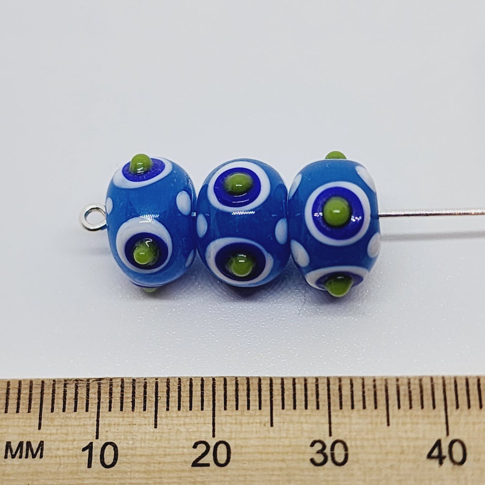 Spike Bead (5) - Blue Opaque w. White, & Transparent Green & Blue - Vintage Handmade Glass Lampwork Beads