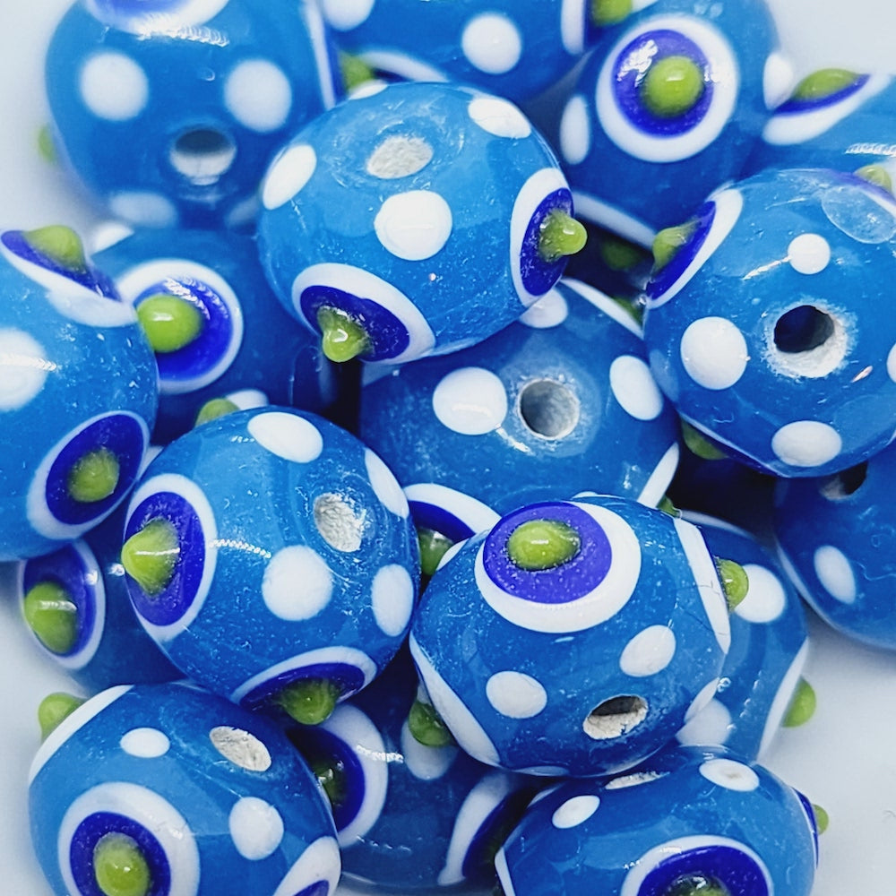 Spike Bead (5) - Blue Opaque w. White, & Transparent Green & Blue - Vintage Handmade Glass Lampwork Beads