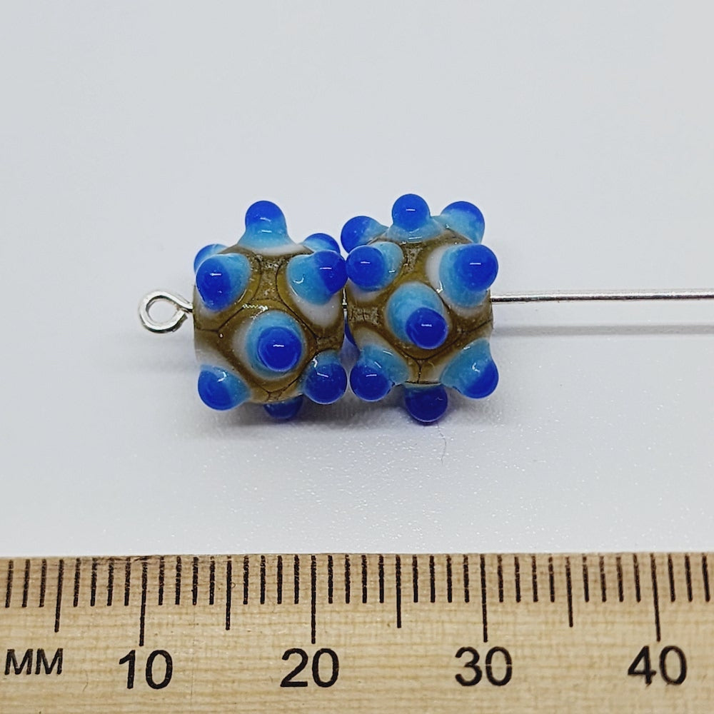 Spike Bead (5) - Brown Transparent w. Blue - Vintage Handmade Glass Lampwork Beads