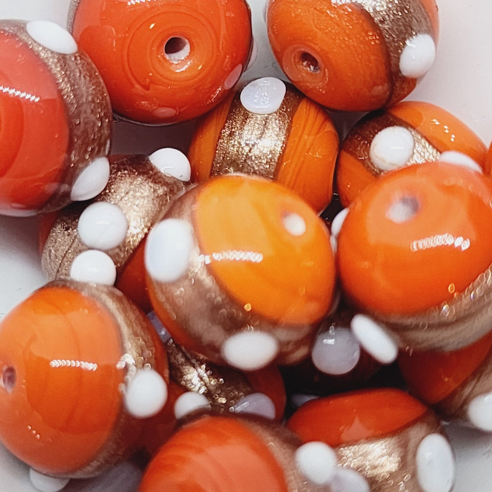 14mm Round (10) - Opaque Orange w. Aventurine & White - Glass Vintage Replica Trade Beads