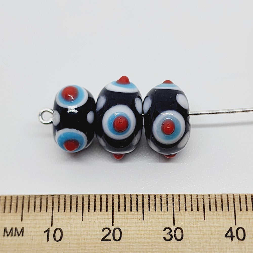 Spike Bead (5) - Black Opaque w. White, & Transparent Red & Blue - Vintage Handmade Glass Lampwork Beads