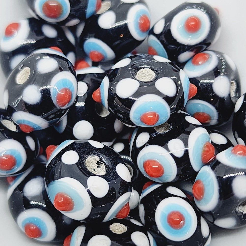 Spike Bead (5) - Black Opaque w. White, & Transparent Red & Blue - Vintage Handmade Glass Lampwork Beads