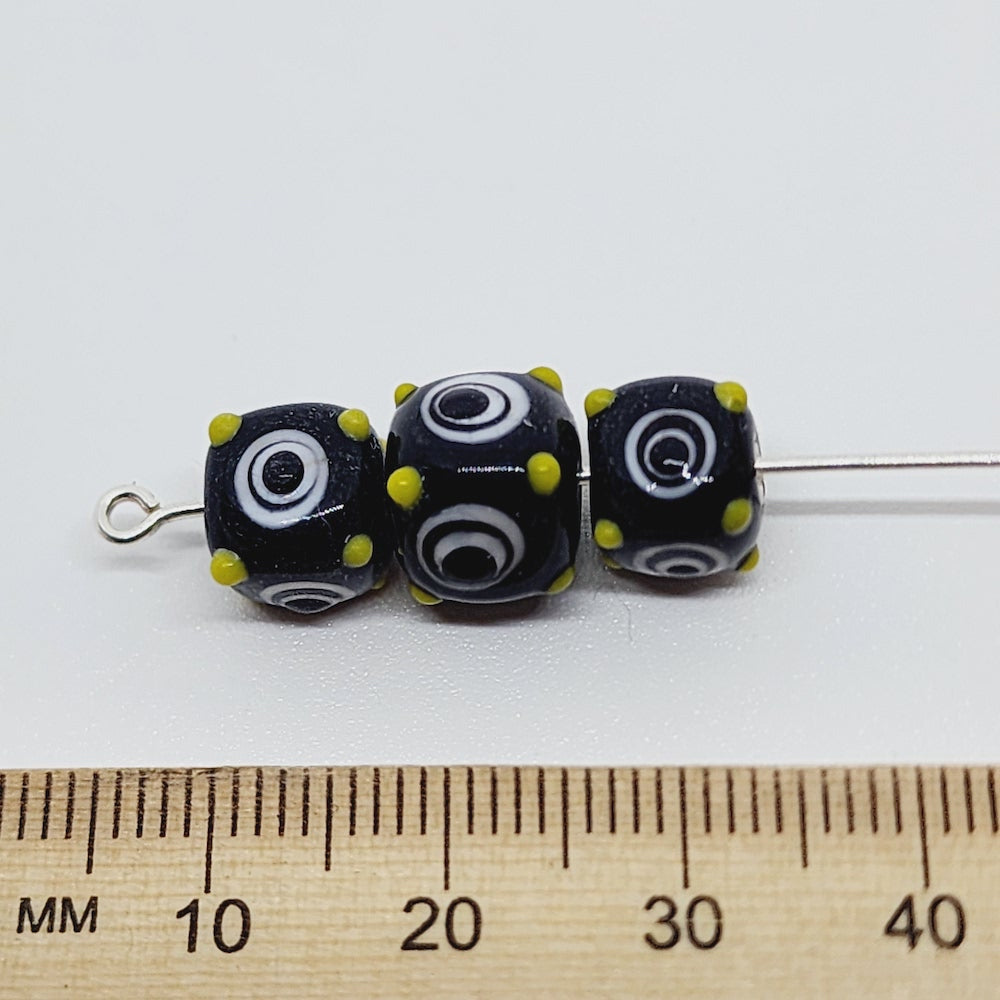 8mm Eye Bead (10) - Black Opaque - Vintage Handmade Glass Lampwork Beads