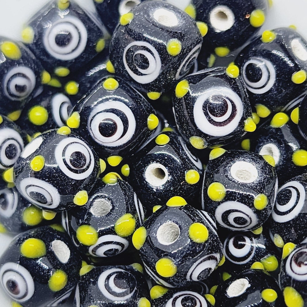 8mm Eye Bead (10) - Black Opaque - Vintage Handmade Glass Lampwork Beads