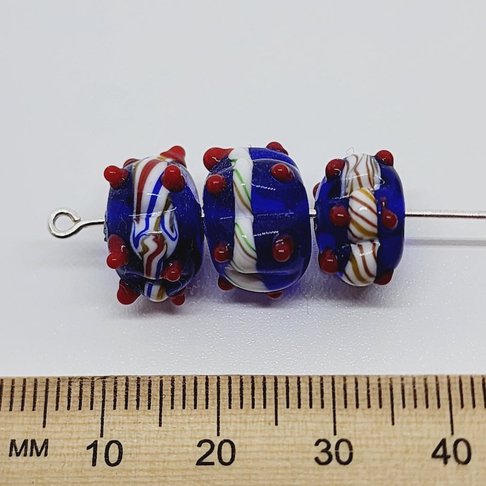 Spike Bead (5) - Transparent Dark Blue w. Red - Vintage Handmade Glass Lampwork Beads
