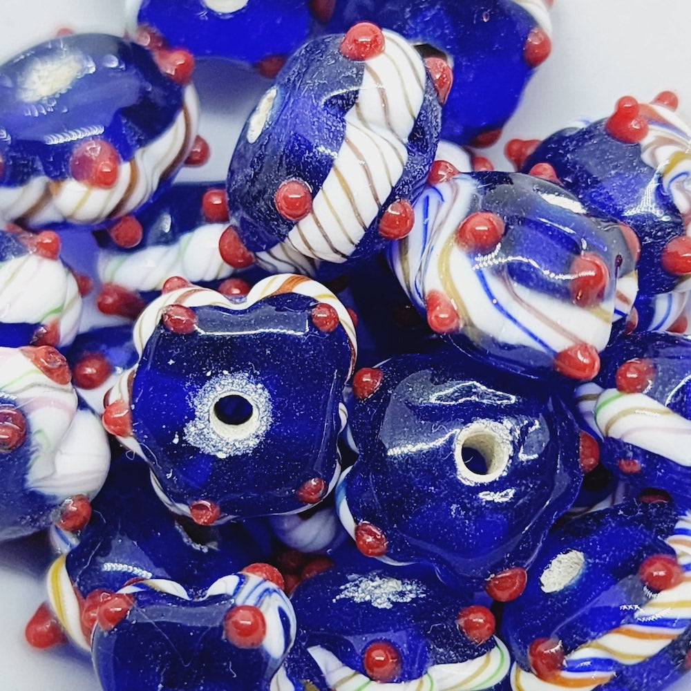 Spike Bead (5) - Transparent Dark Blue w. Red - Vintage Handmade Glass Lampwork Beads