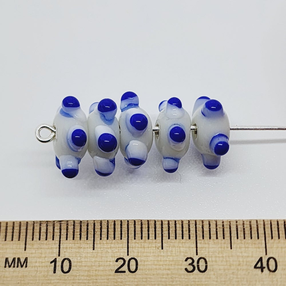 Spike Bead (5) - White Opaque w. Blue & Light Blue - Vintage Handmade Glass Lampwork Beads
