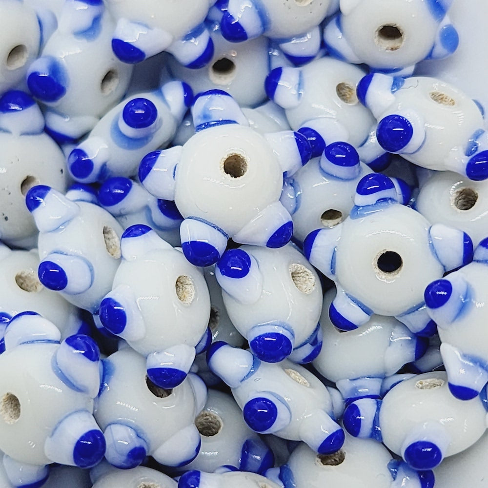 Spike Bead (5) - White Opaque w. Blue & Light Blue - Vintage Handmade Glass Lampwork Beads