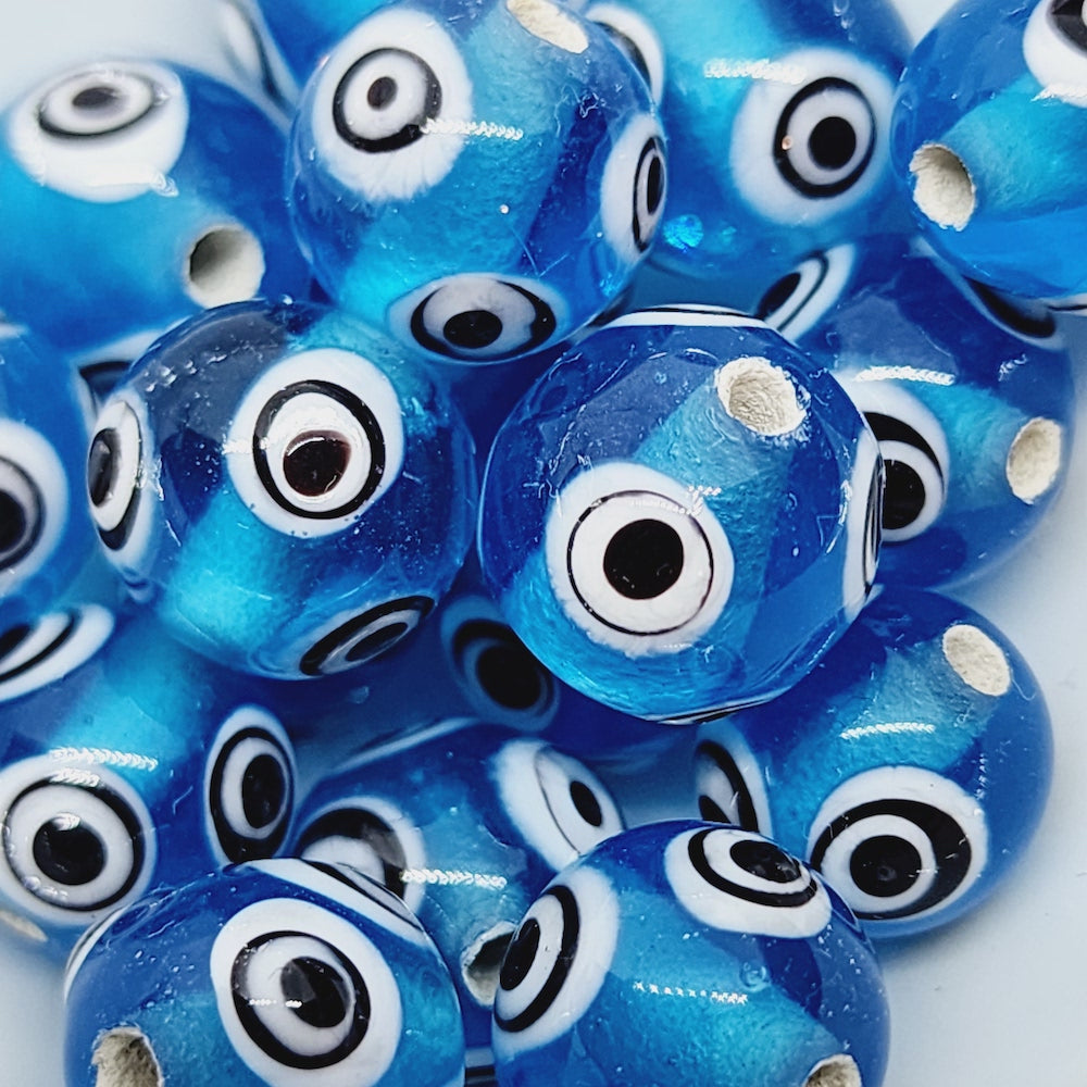 10mm Eye Bead (10) - Blue Transparent - Vintage Handmade Glass Lampwork Beads