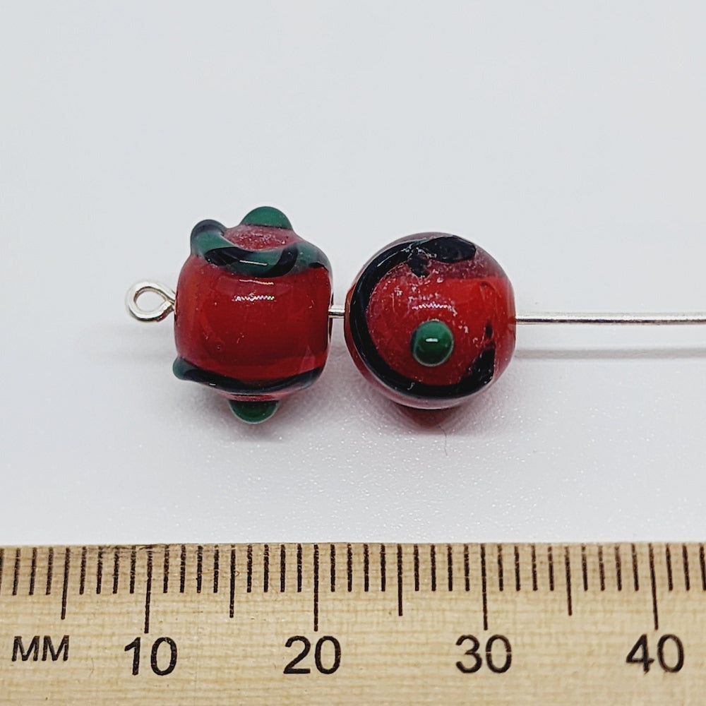 Candy Cane Bead (10) - Opaque Red w. Black, Green & Green - Vintage Handmade Glass Wedding Cake Lampwork Beads